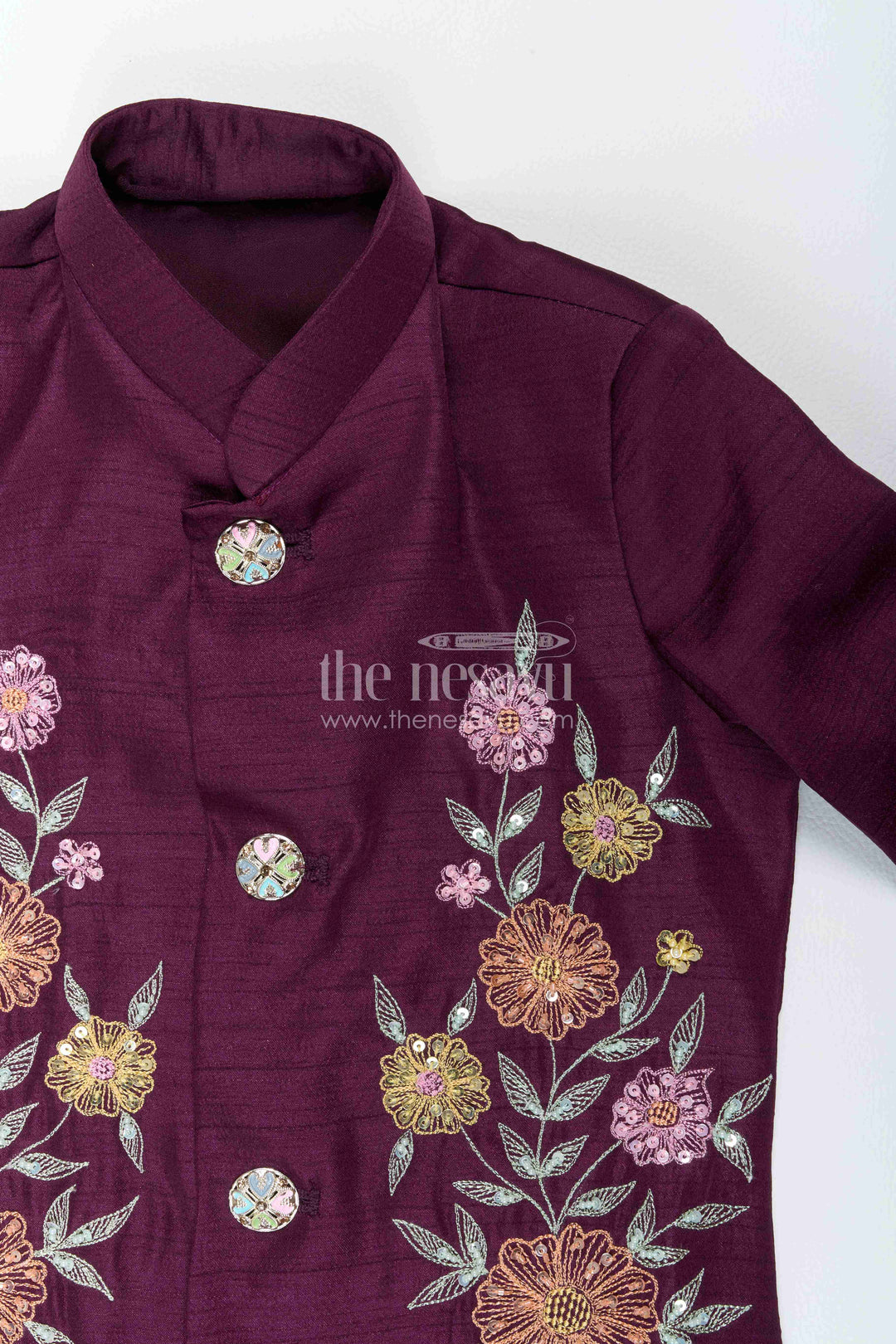 Boys Sherwani Set in Purple with Floral Detailing for Family Functions