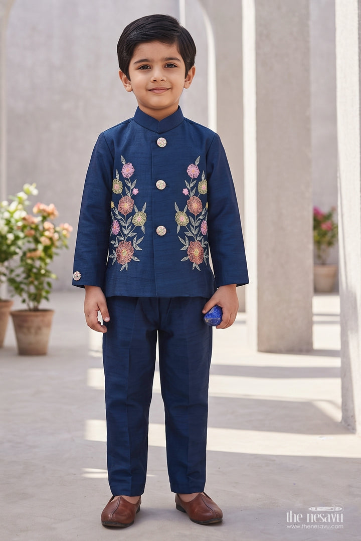 Boys Sherwani Set for Celebrations with Blue Floral Detailing