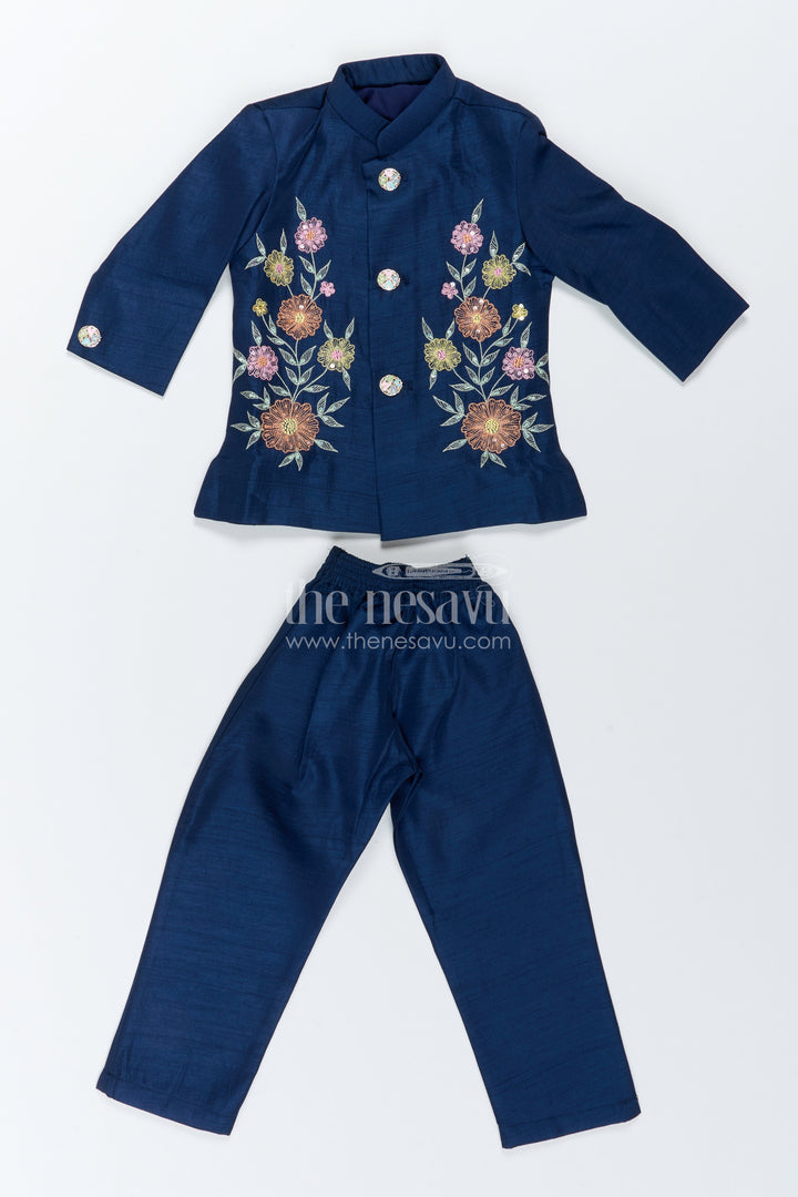 Boys Sherwani Set for Celebrations with Blue Floral Detailing