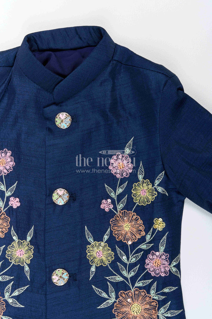 Boys Sherwani Set for Celebrations with Blue Floral Detailing