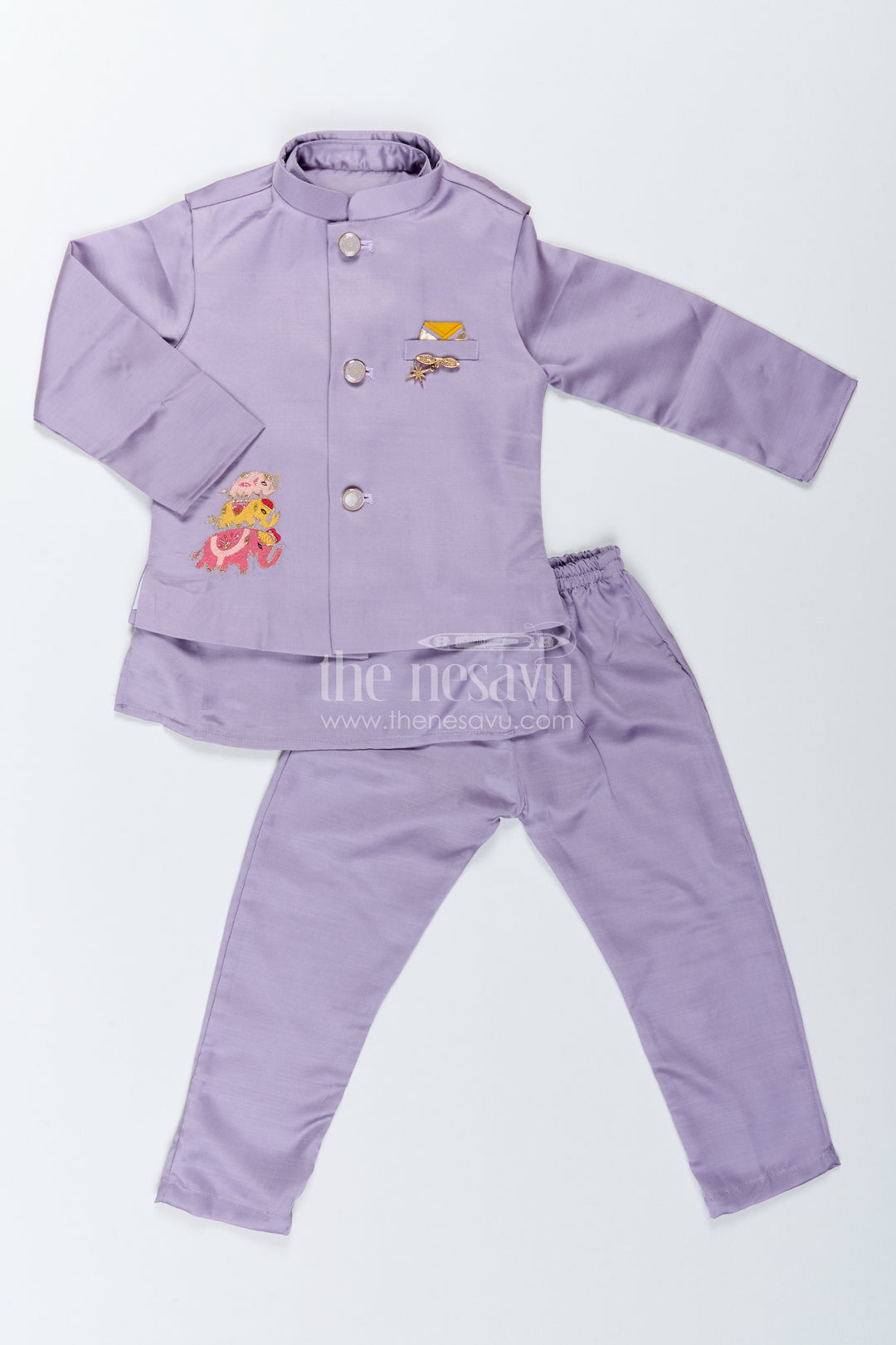 Boys Ethnic Jacket Set with Elephant Detailing in Purple