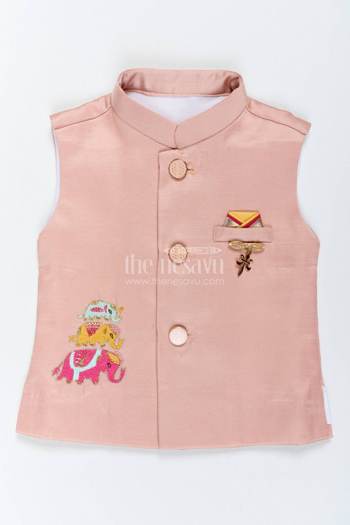 Boys Ethnic Jacket Set for Kids with Elephant Detailing in Peach