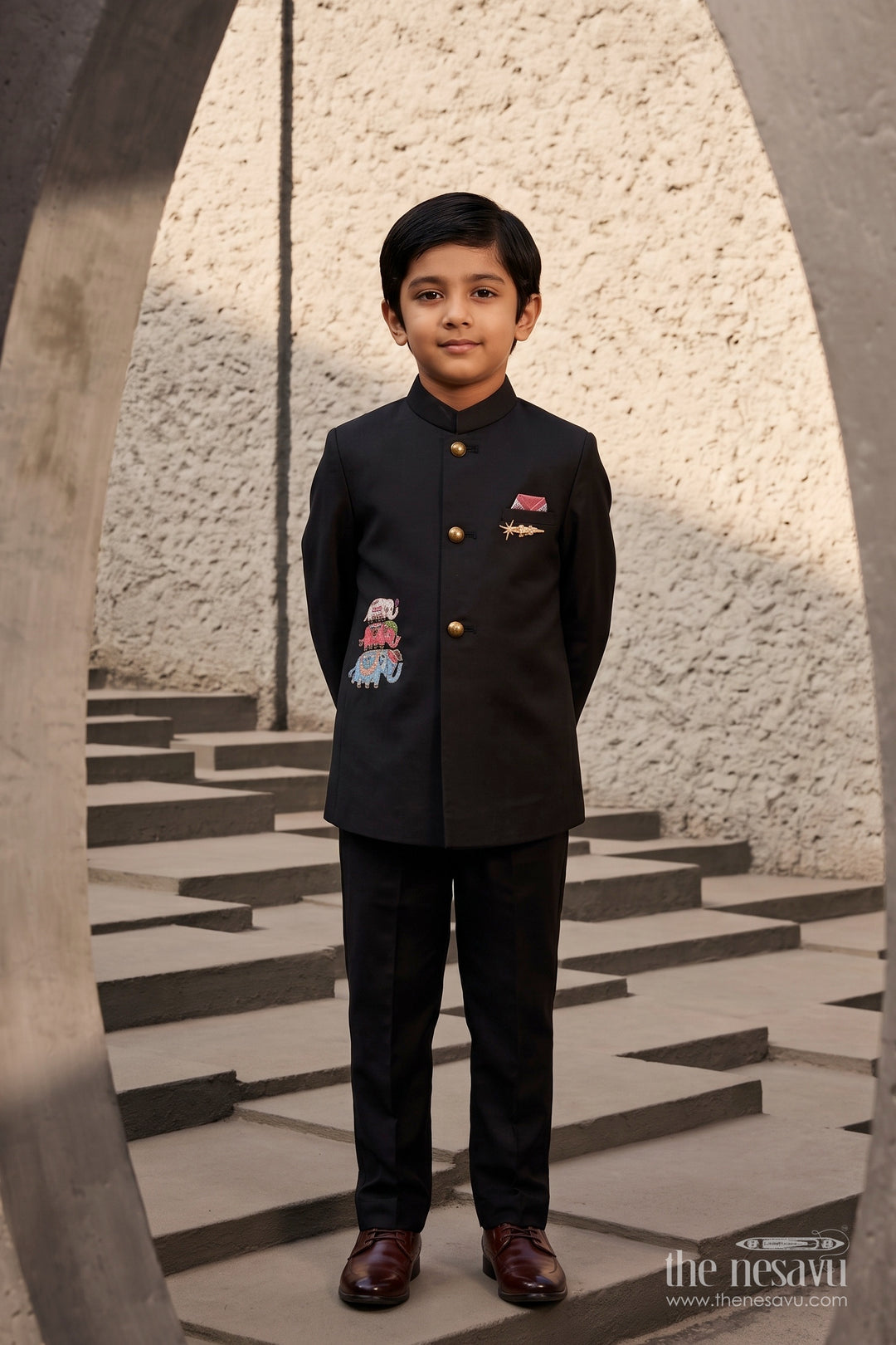 Boys Ethnic Jacket Set for Kids with Elephant Detailing in Black