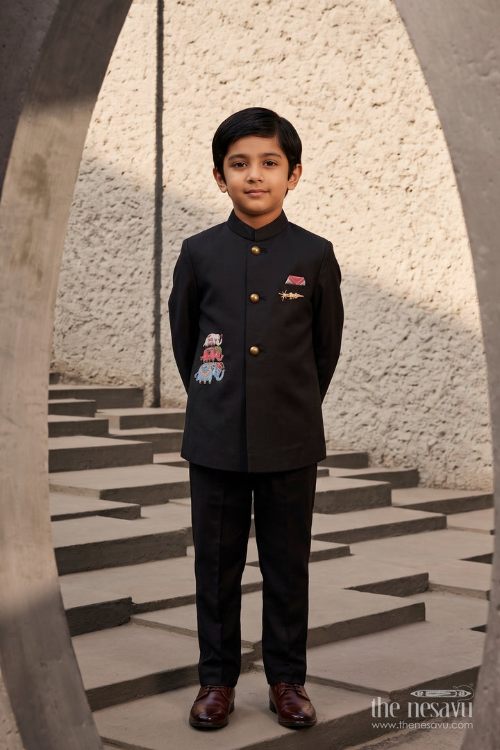 Boys Ethnic Jacket Set for Kids with Elephant Detailing in Black