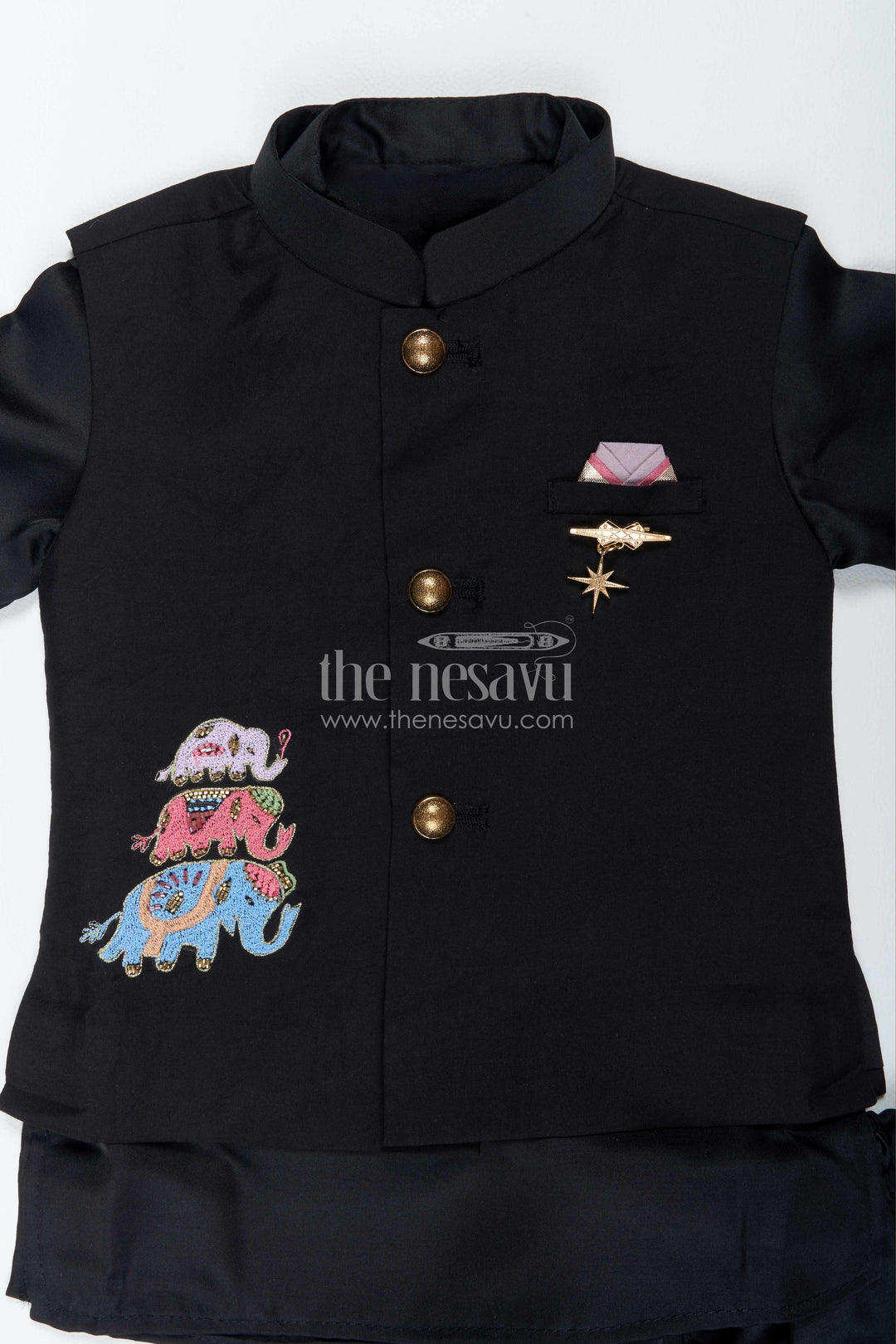 Boys Ethnic Jacket Set for Kids with Elephant Detailing in Black
