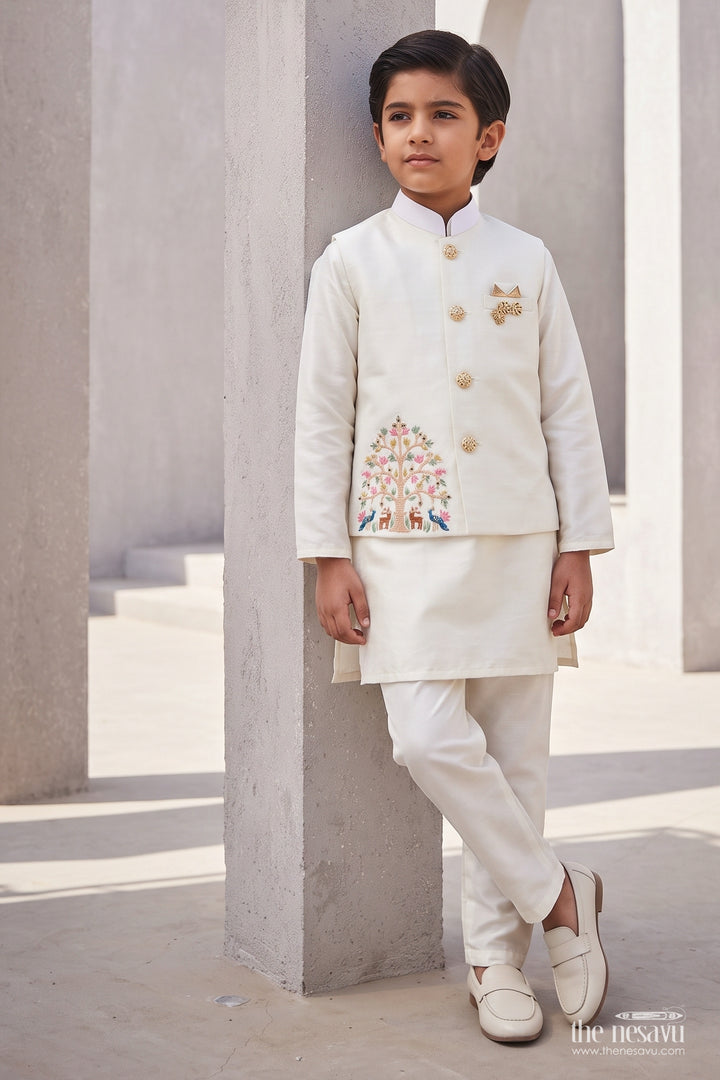 Boys Ethnic Jacket Set with Floral Detailing in Half White