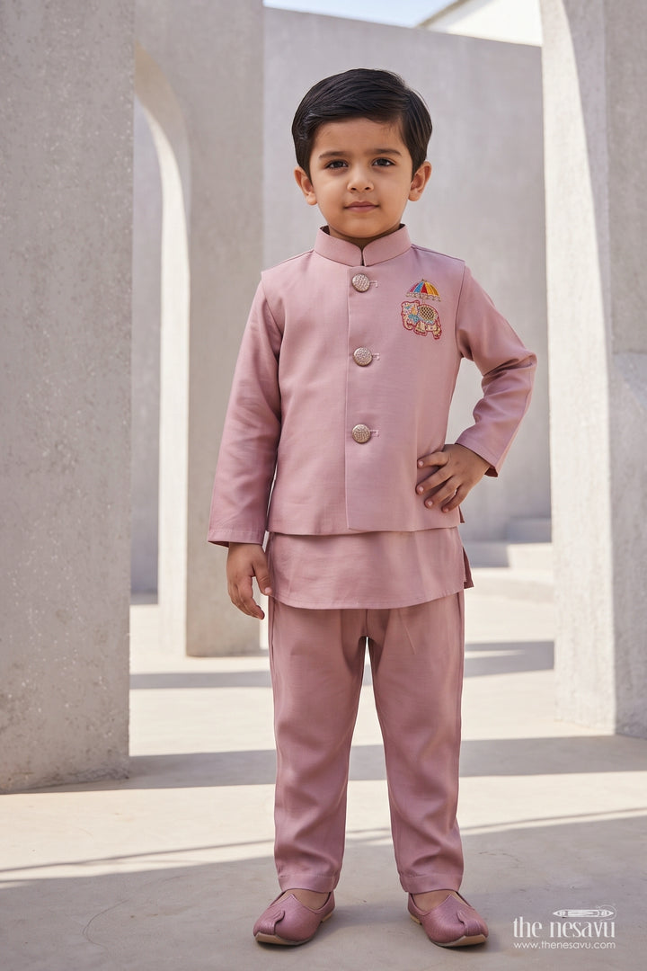 Boys Nehru Jacket Set for Celebrations with Purple Elephant Detailing