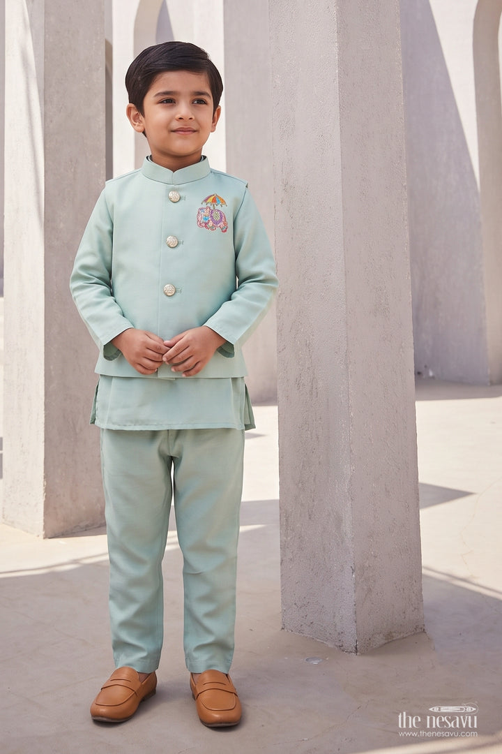 Boys Nehru Jacket Set with Teal Elephant Detailing for Celebrations