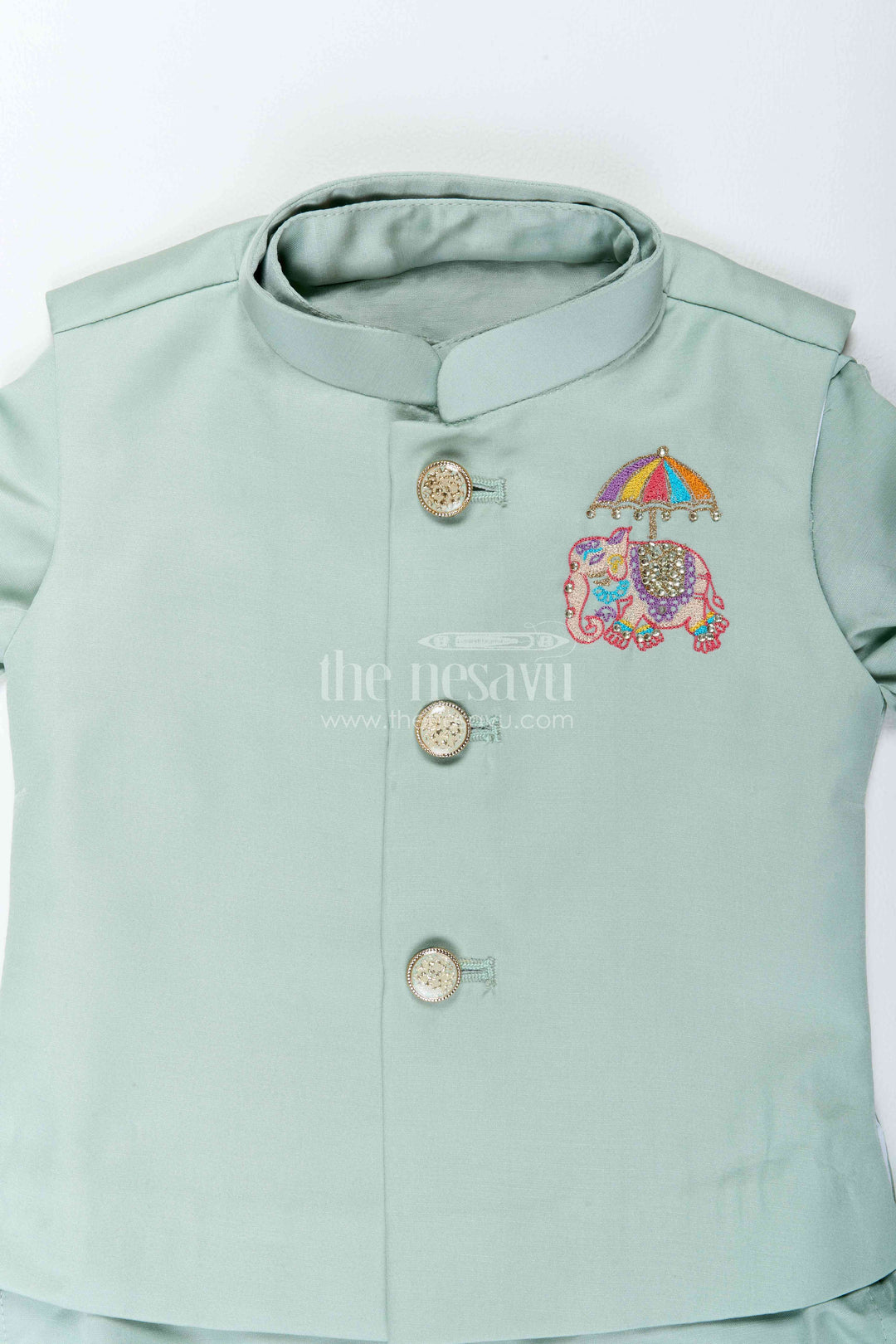 Boys Nehru Jacket Set with Teal Elephant Detailing for Celebrations