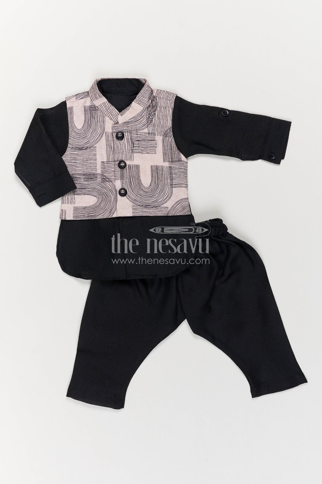 Boys Ethnic Jacket Set with Black Designer Detailing for Special Occasions