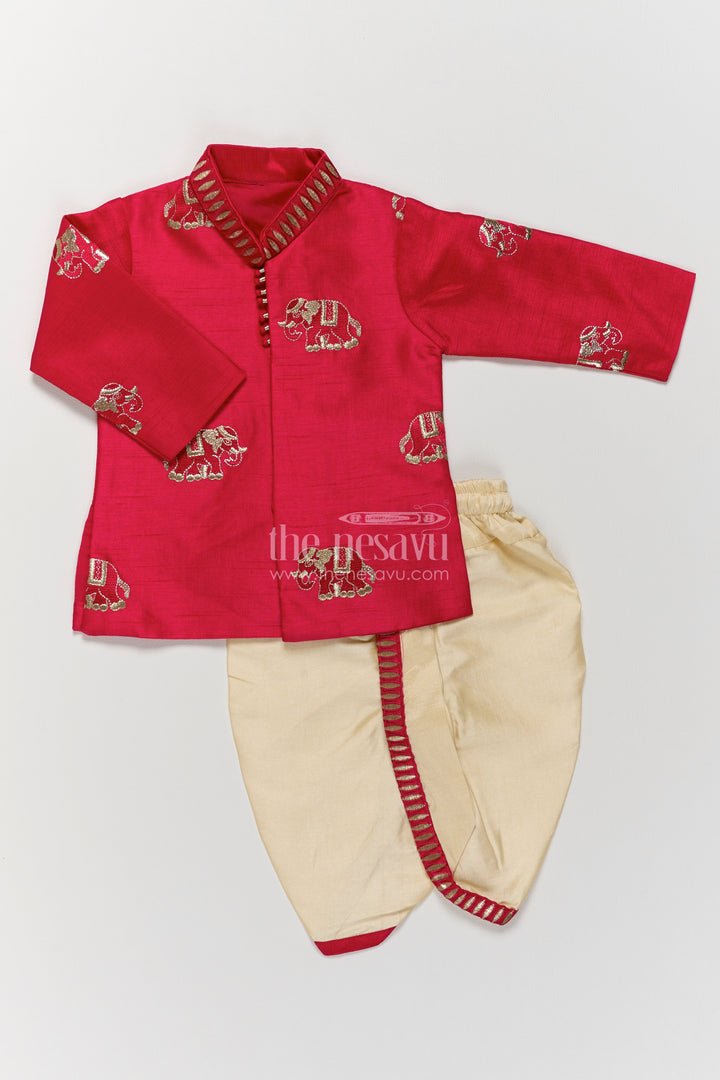Pattu Pancha Set in Red with Elephant Detailing for Family Functions