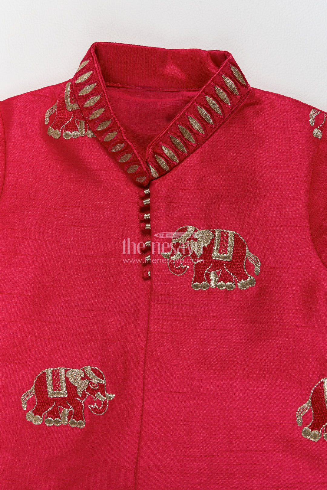 Pattu Pancha Set in Red with Elephant Detailing for Family Functions