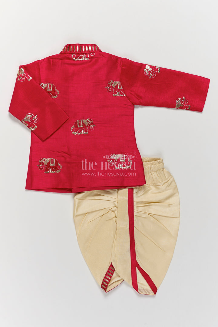 Pattu Pancha Set in Red with Elephant Detailing for Family Functions