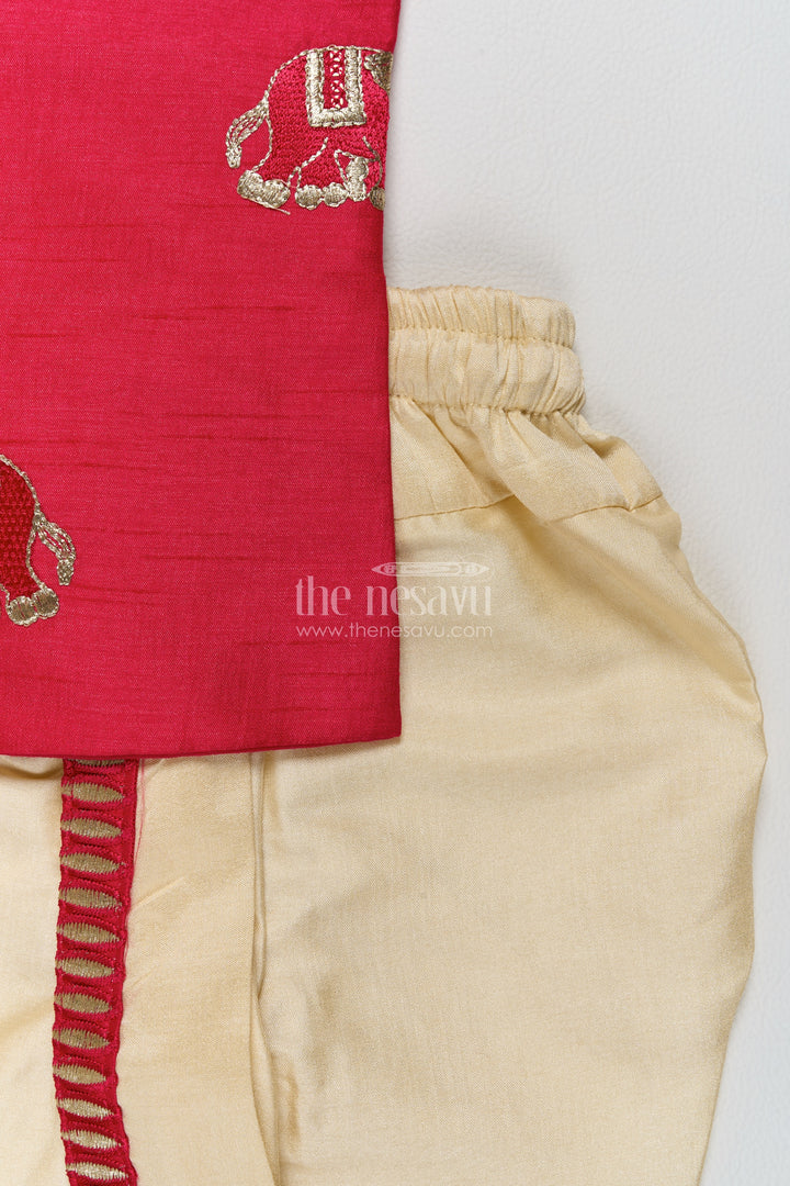 Pattu Pancha Set in Red with Elephant Detailing for Family Functions