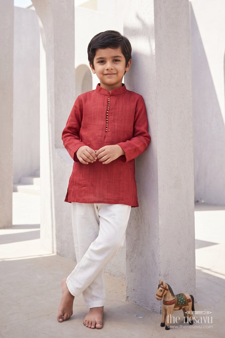 Boys Silk Kurta Set with Red Designer Detailing for Special Occasions