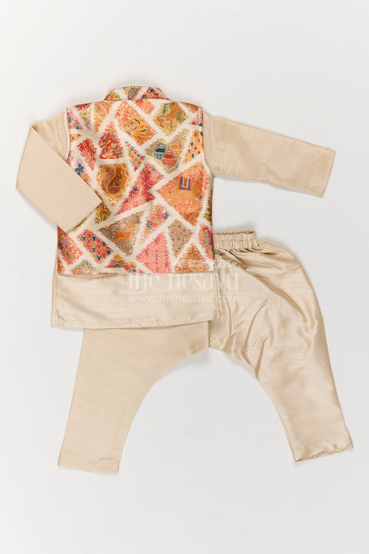 Boys Nehru Jacket Set with Cream Paisley Print for Celebrations