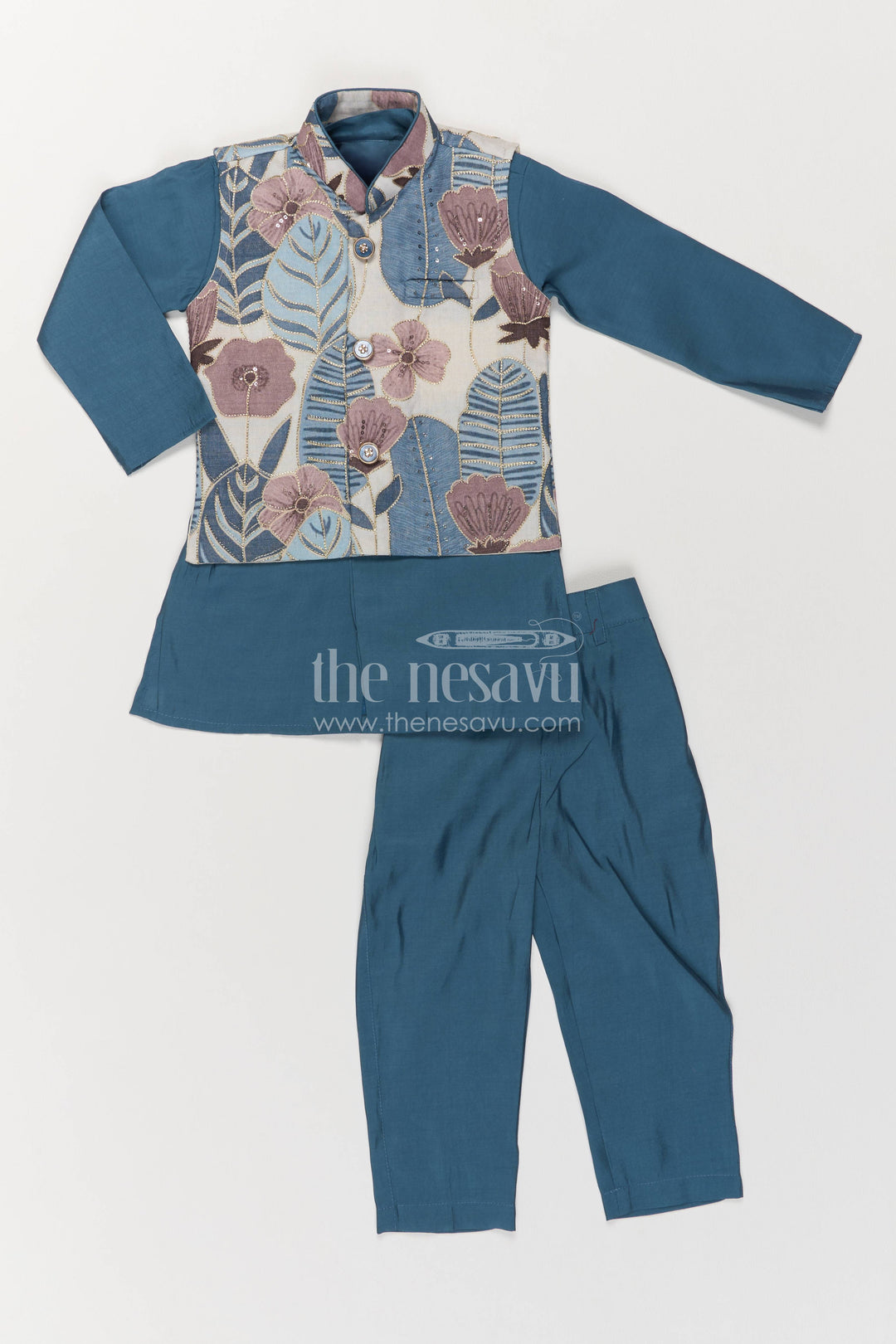 Boys Nehru Jacket Set for Celebrations with Blue Floral Detailing