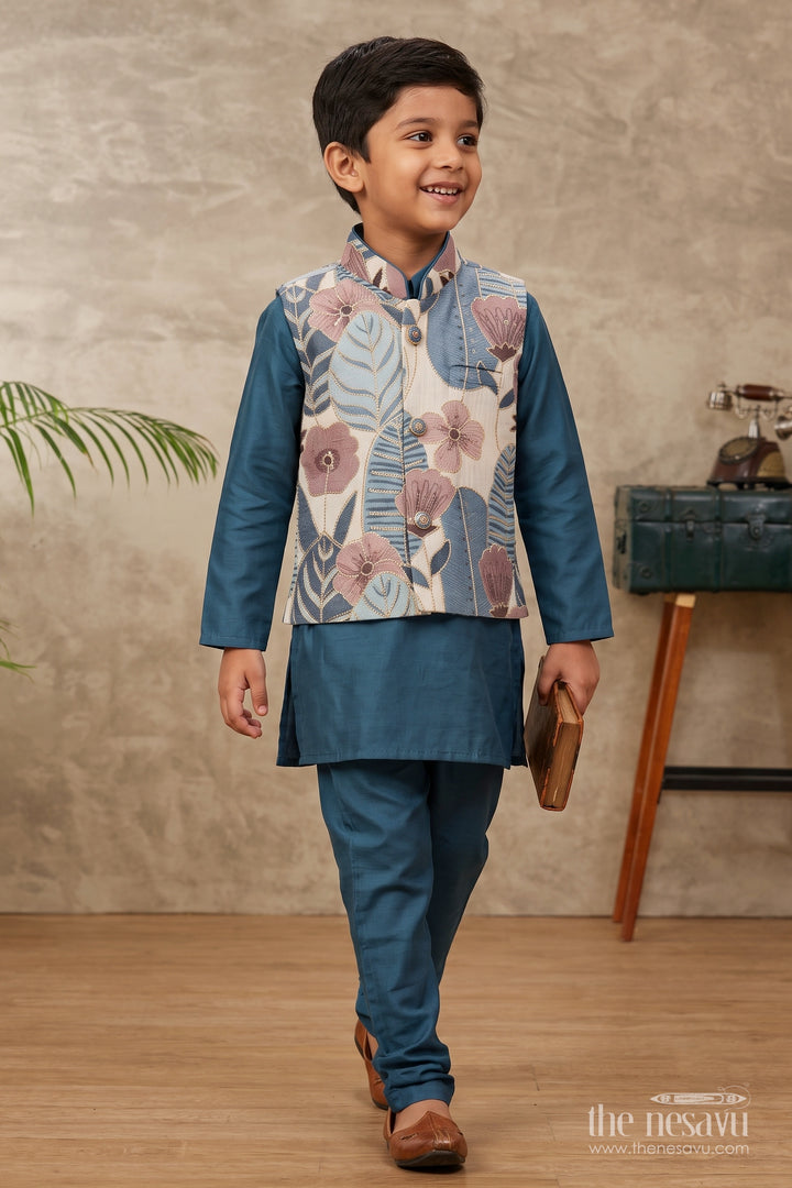 Boys Nehru Jacket Set for Celebrations with Blue Floral Detailing