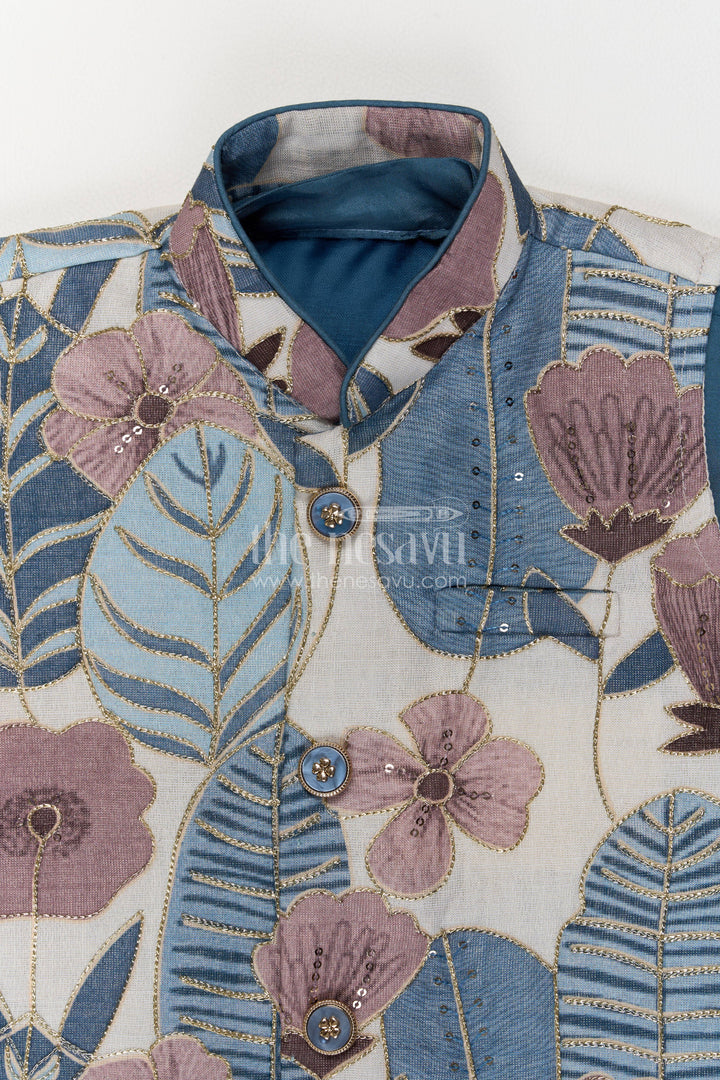 Boys Nehru Jacket Set for Celebrations with Blue Floral Detailing