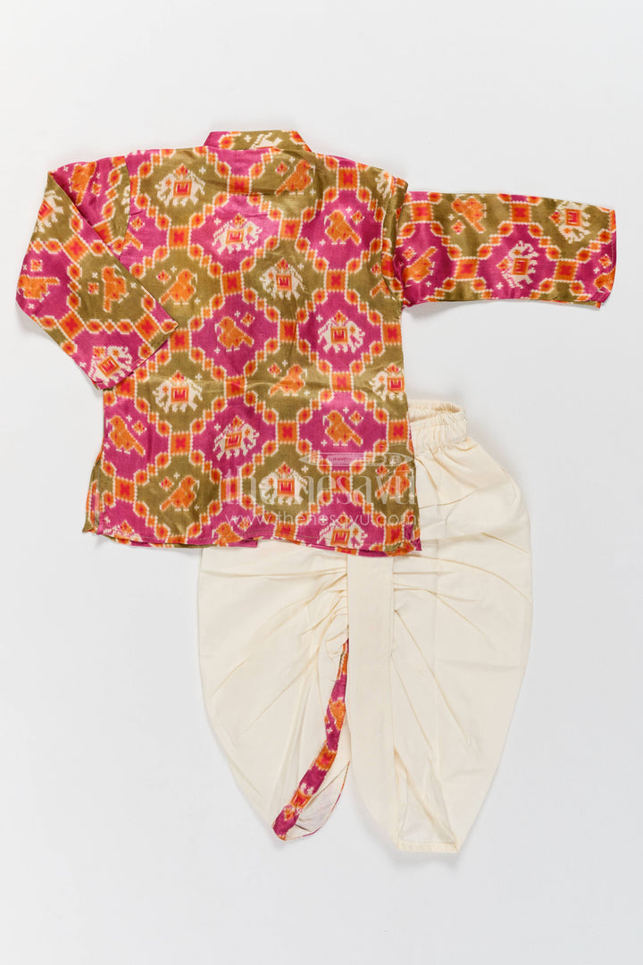 Kids Ready Made Dhoti Set for Celebrations with Orange Elephant Detailing