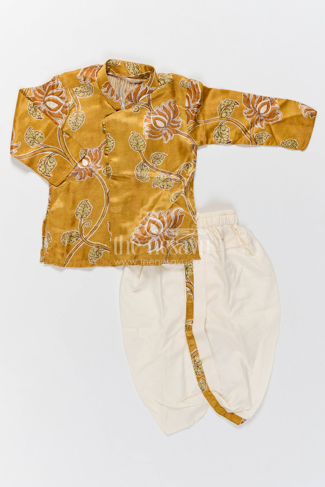 Pattu Pancha Set in Yellow with Lotus Print for Family Functions