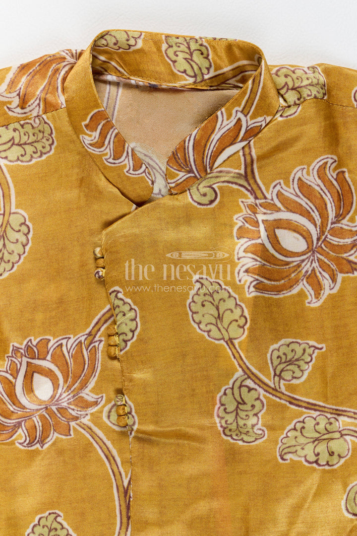 Pattu Pancha Set in Yellow with Lotus Print for Family Functions