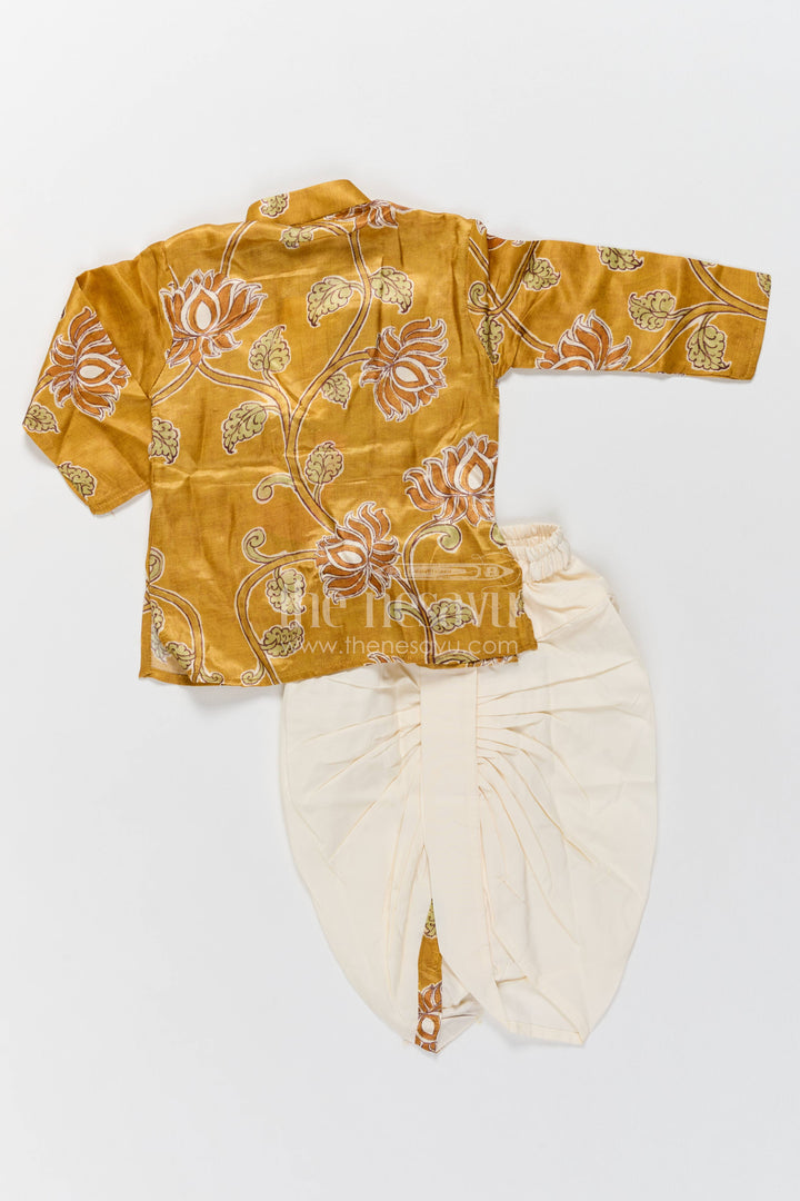 Pattu Pancha Set in Yellow with Lotus Print for Family Functions