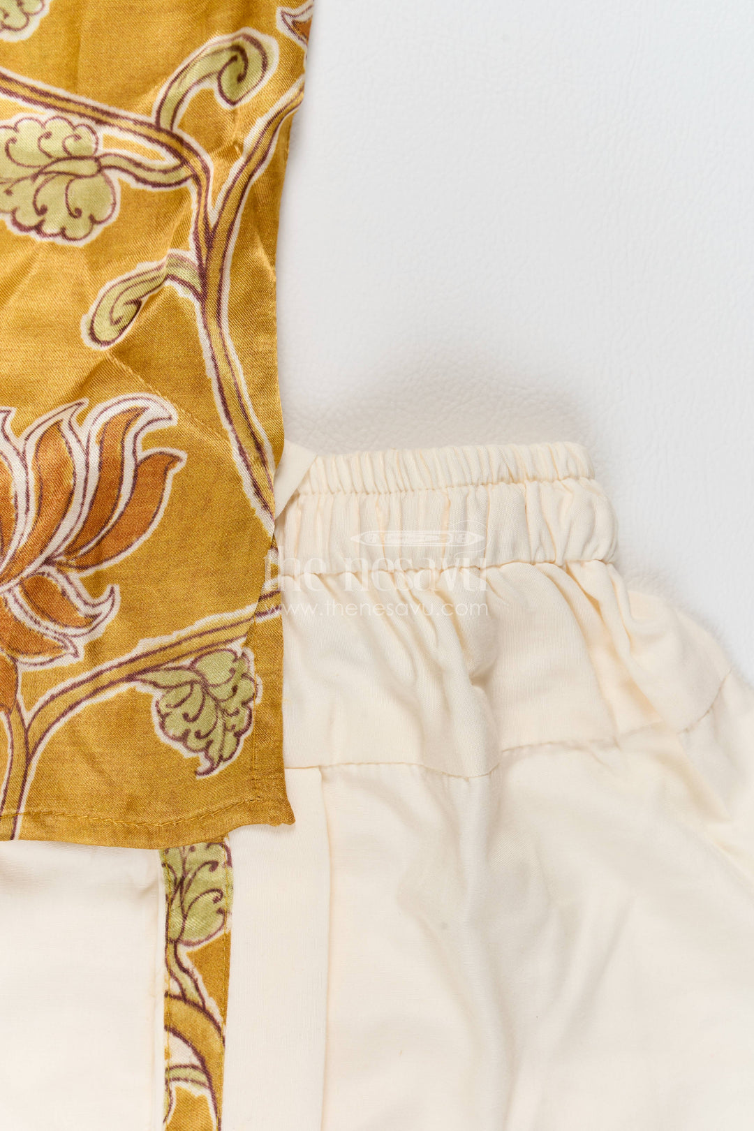 Pattu Pancha Set in Yellow with Lotus Print for Family Functions