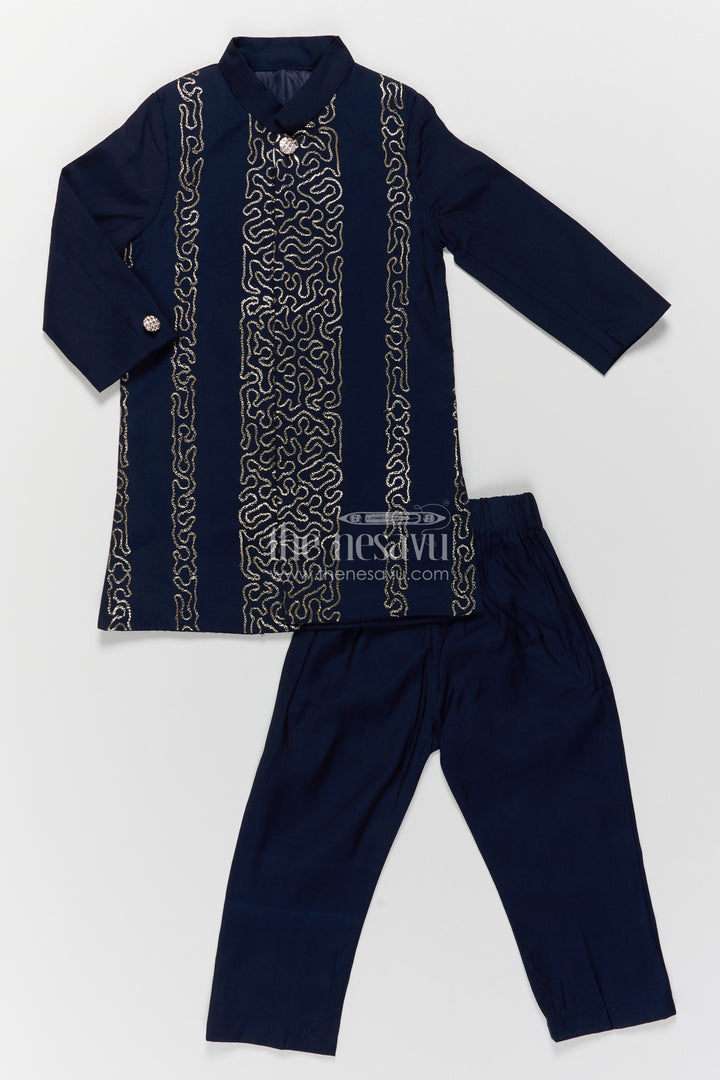 Boys Silk Kurta Set with Sequin Accents in Blue for Special Occasions