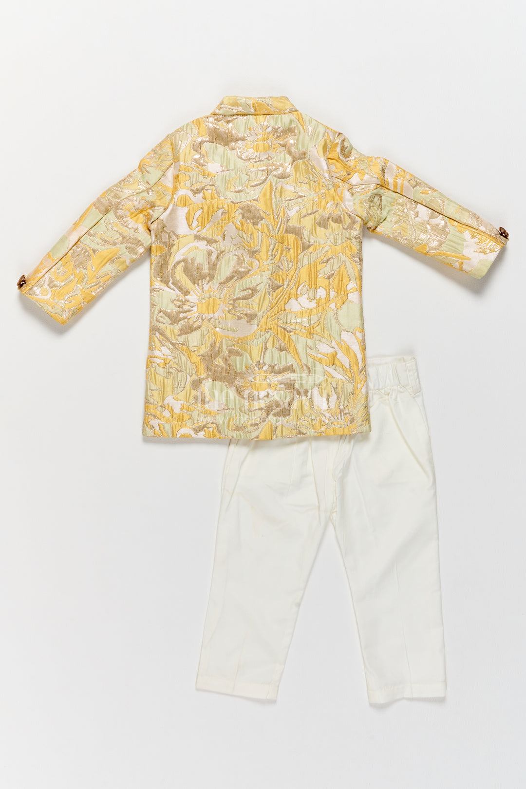 Kids Sherwani with Pant for Kids with Floral Detailing in Yellow