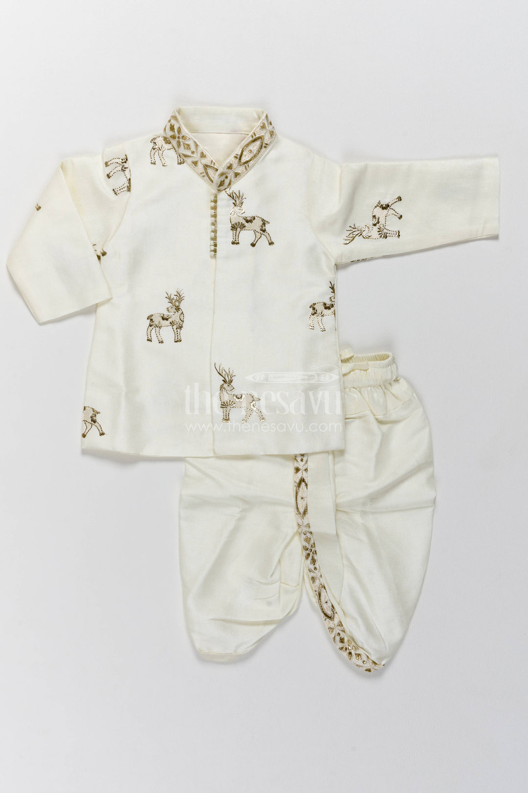 Kids Ready Made Dhoti Set with Embroidery in Half White