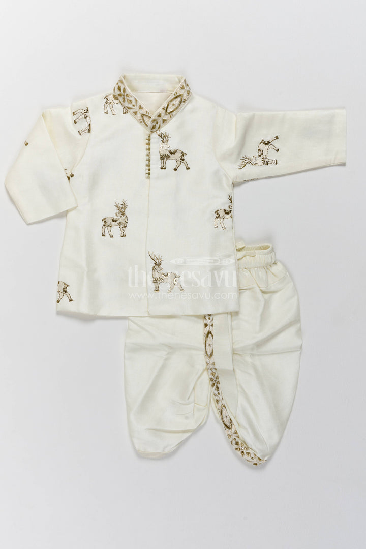 Kids Ready Made Dhoti Set with Embroidery in Half White