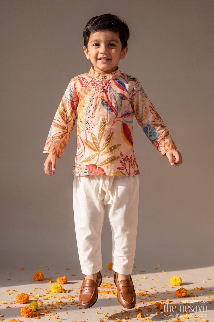 Boys Kurta Pajama Set with Cream Digital Print for Celebrations