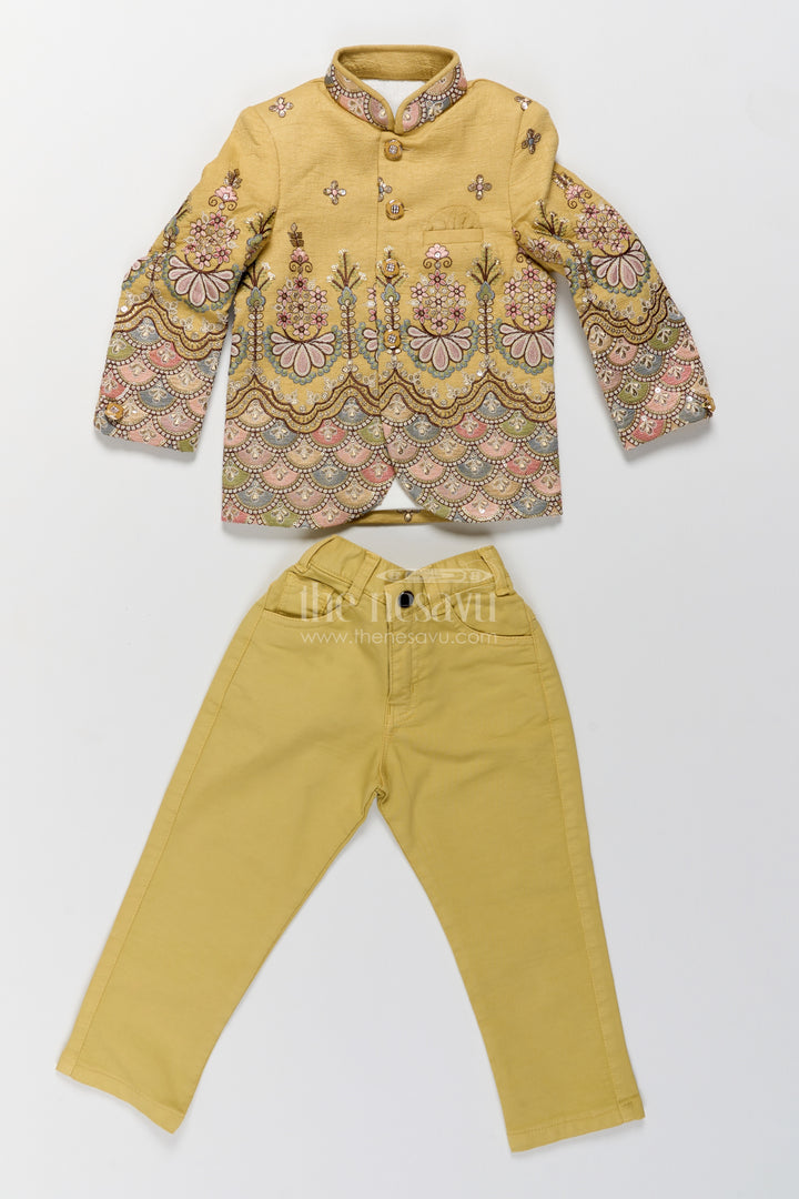 Boys Sherwani Set in Green with Thread Embroidery