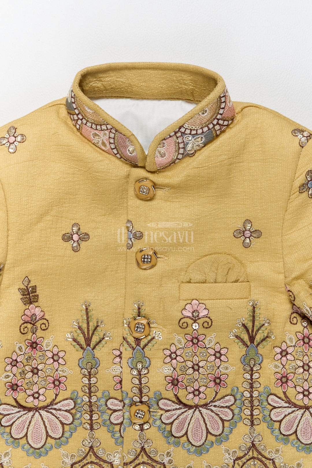 Boys Sherwani Set in Green with Thread Embroidery