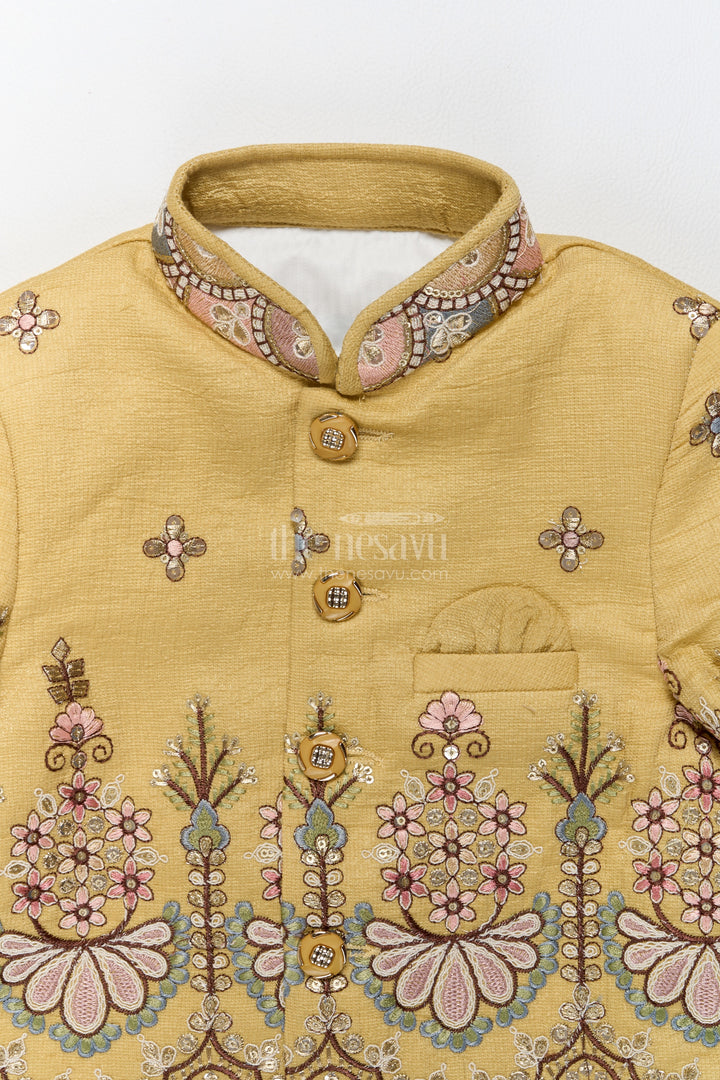 Boys Sherwani Set in Green with Thread Embroidery