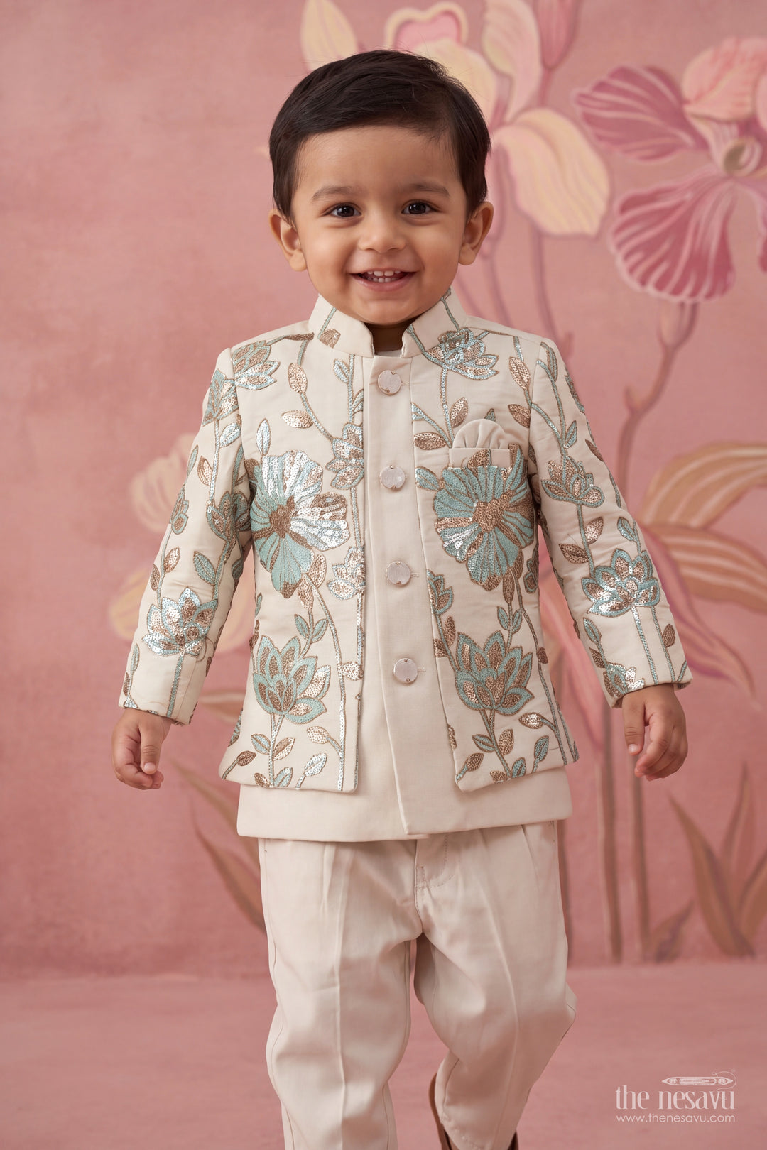 Sherwani for Kids in Grey with an Occasion Ready Finish