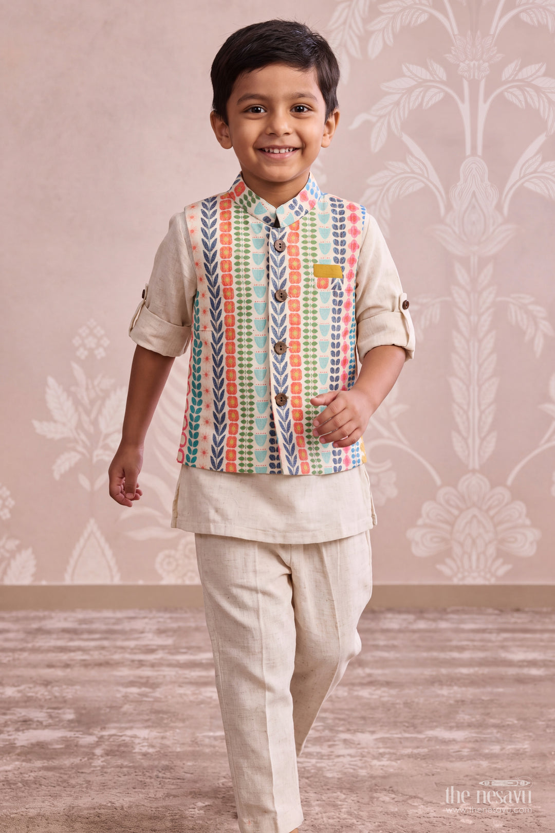 Boys Nehru Jacket Set in Off White with Smart Tailoring