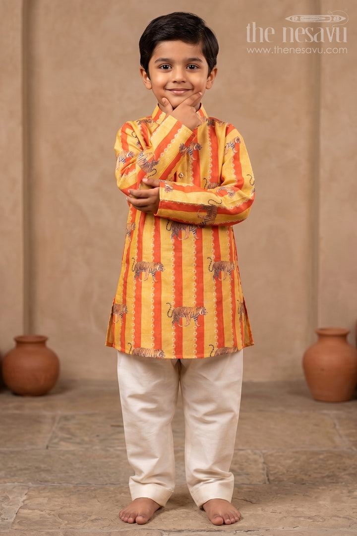 Red with Yellow Striped Designer Printed Cotton Kurta for Baby Boys