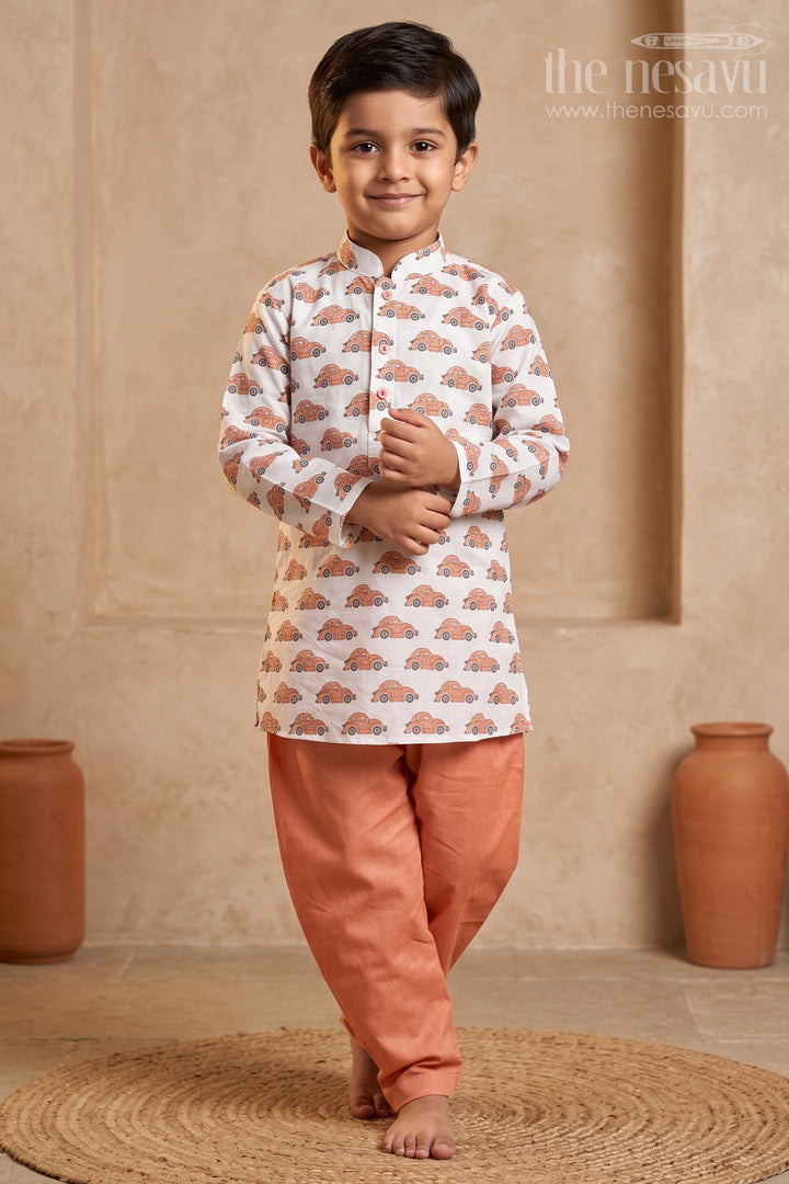 White Car Printed Cotton Kurta for Baby Boys with Orange Pant