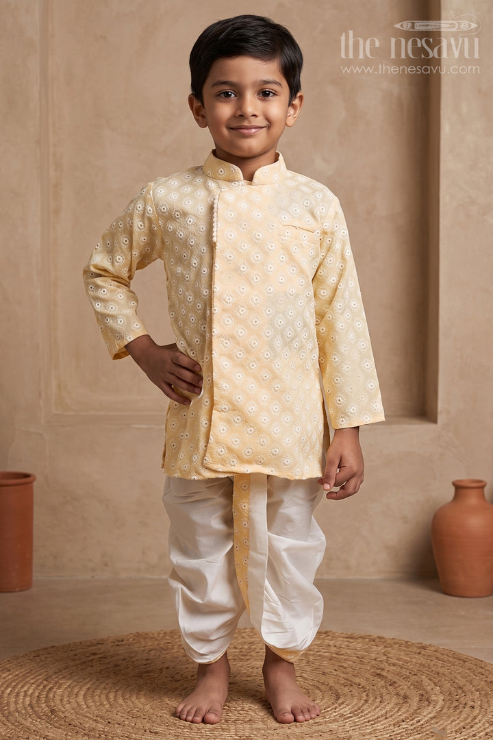 Embroidery Yellow Ethnic Kurta with White Dhoti for Boys