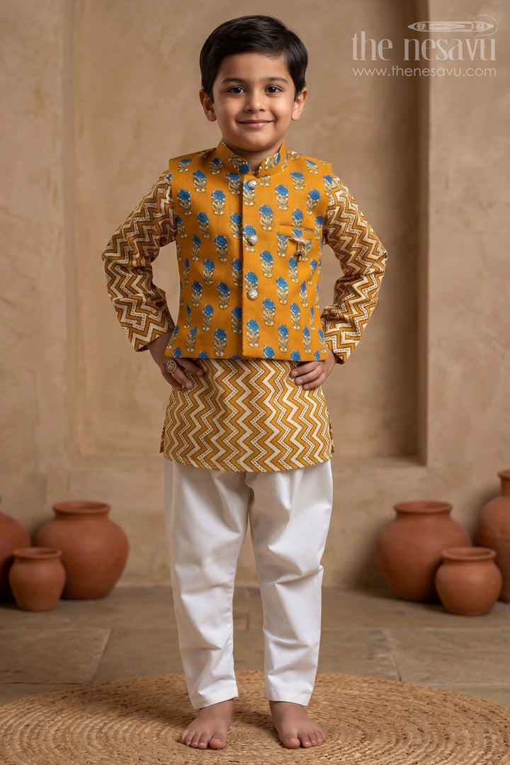 Fashionable Mustard Yellow Zig-Zag Printed Kurta Set with Overjacket for Boys