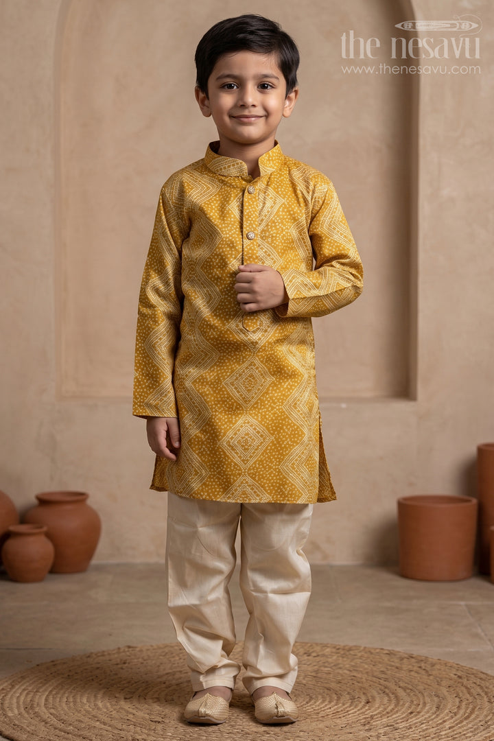 Pretty Yellow Gold Foil Handblock Printed Ethnic Kurta for Boys