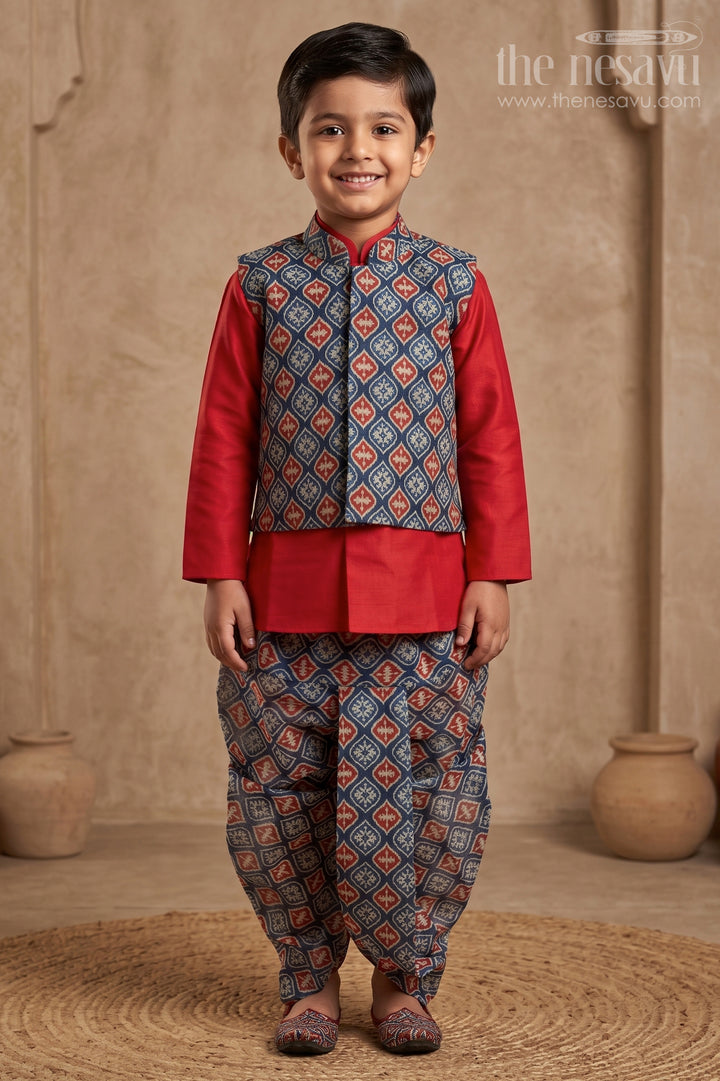 Red Solid Silk Cotton Kurta with Blue Mughal Printed Dhoti and Overcoat for Boys