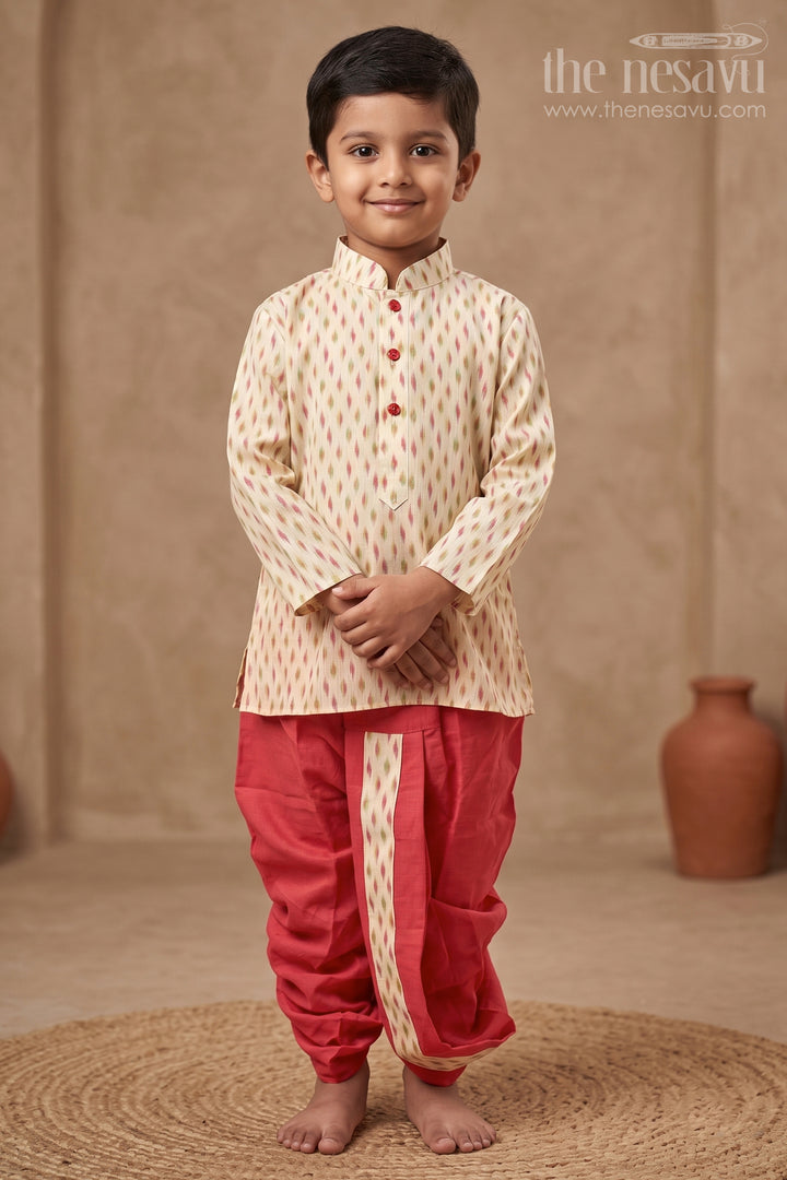Desert Mirage: Beige Ikat Printed Kurta &amp; Harmonious Dhoti Ensemble for Boys