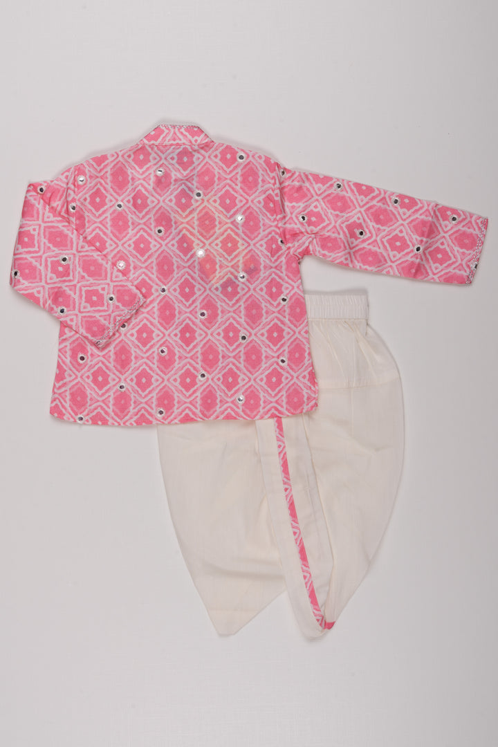 Pink Passion: Mirror-Embroidered Geometric Printed Kurta & Panjagacham Set for Boys