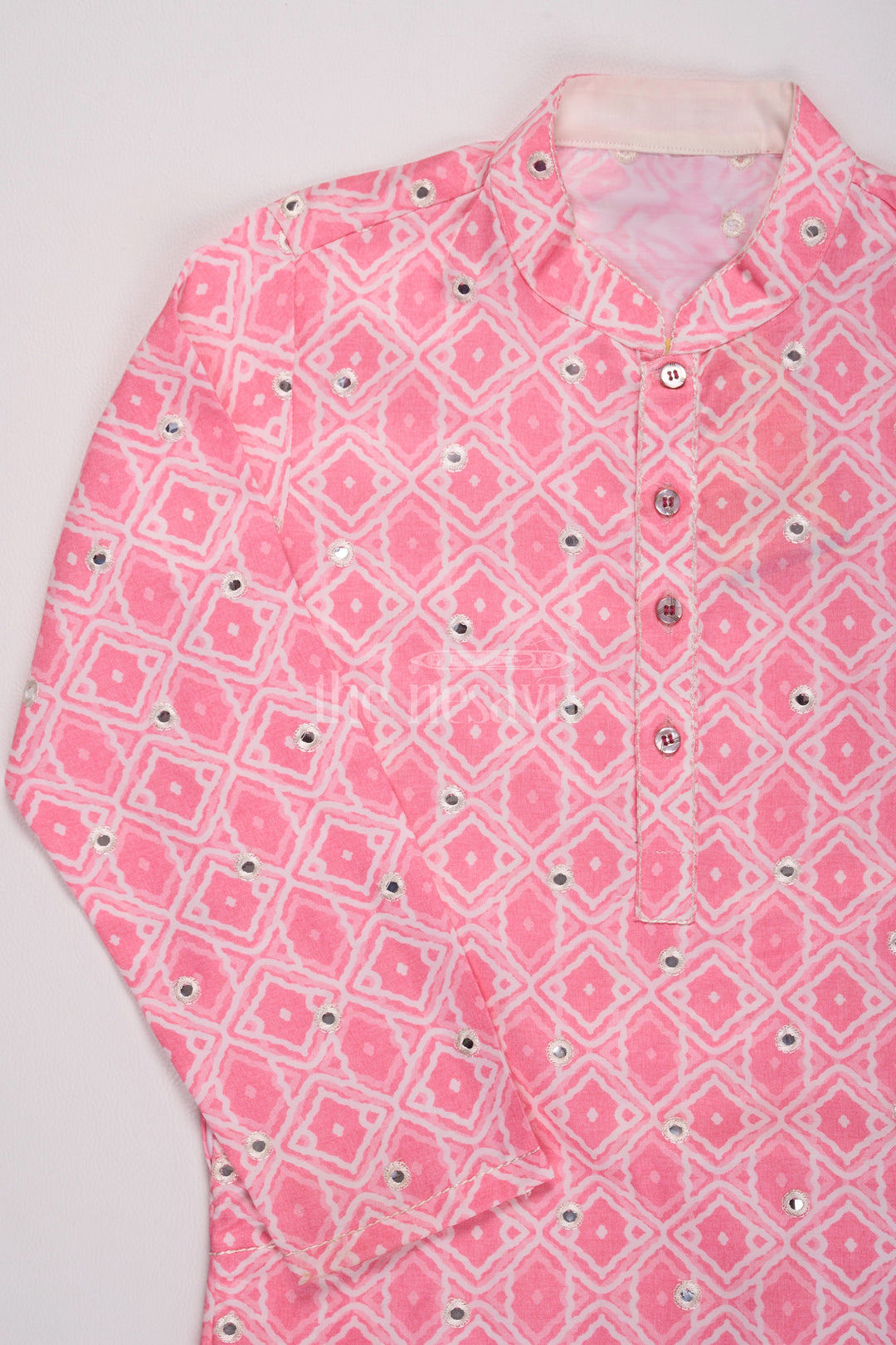 Blush Blossom: Mirror-Embroidered Geometric Printed Pink Kurta Shirt & Pant Set for Boys