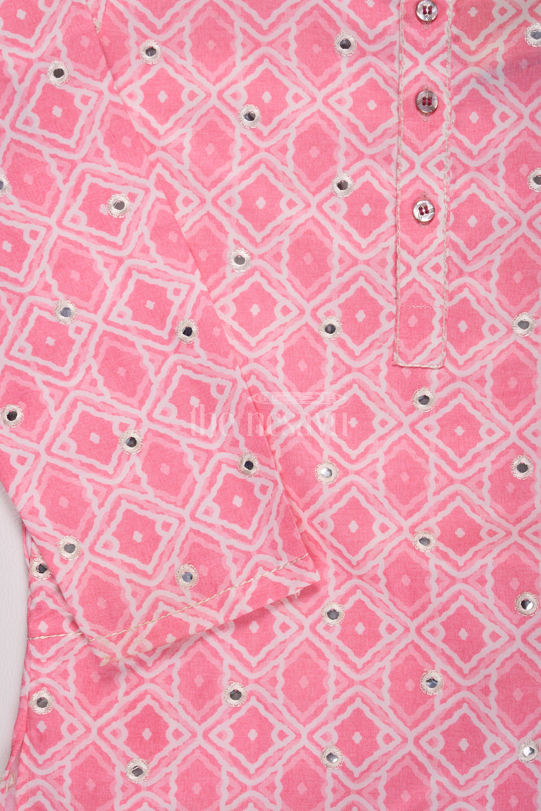 Blush Blossom: Mirror-Embroidered Geometric Printed Pink Kurta Shirt & Pant Set for Boys