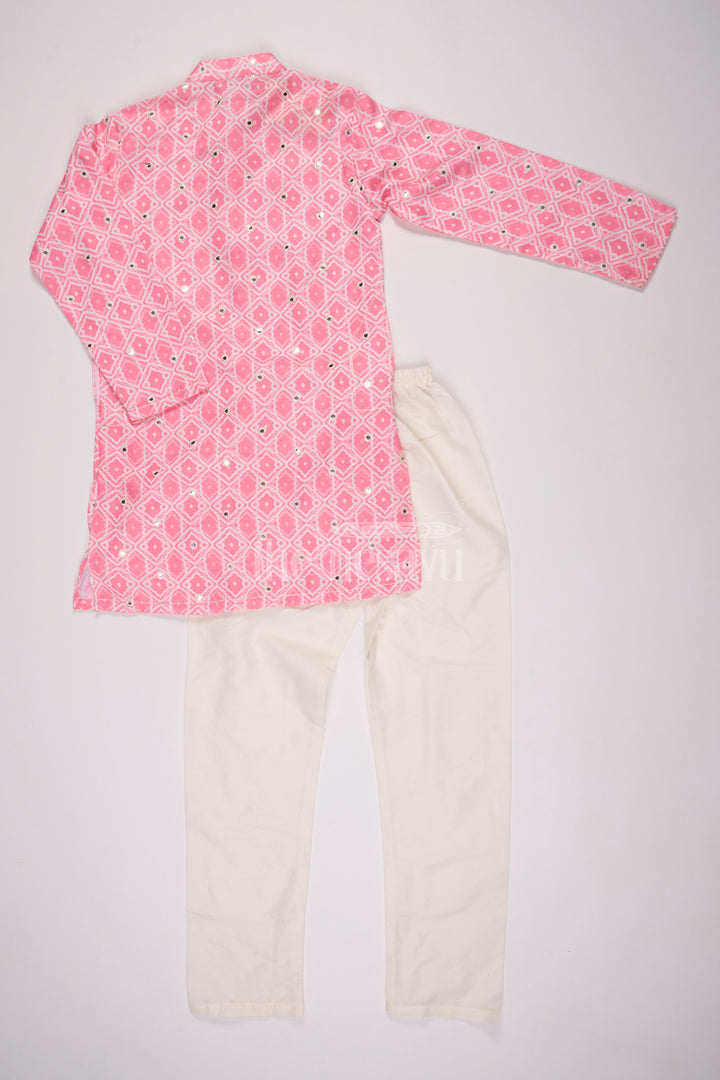 Blush Blossom: Mirror-Embroidered Geometric Printed Pink Kurta Shirt & Pant Set for Boys