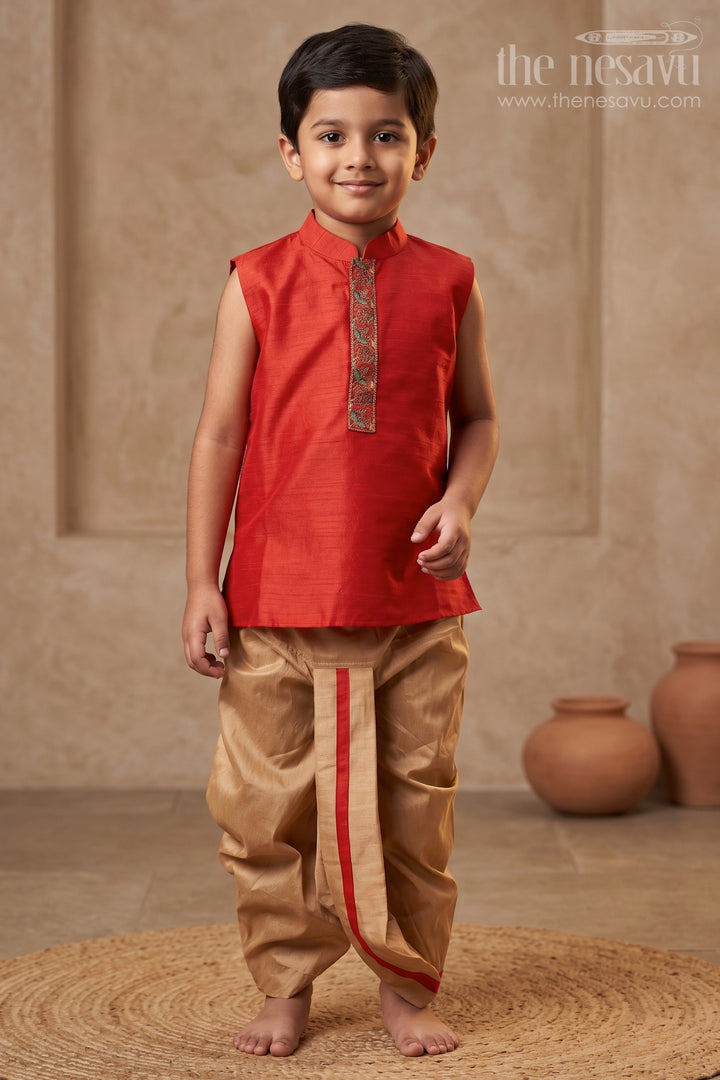 Crimson Red Kurta and Beige Dhoti Set for Boysclassic Panchagajam Attire